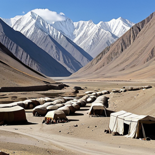 Home 4 A scenic view of the Tajikistan-Afghanistan border in the Pamir Mountains, depicting the challenging terrain and remote living conditions of the local people. Capture the essence of their daily struggles and resilience amidst the rugged landscape.