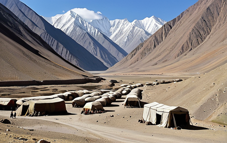 A scenic view of the Tajikistan-Afghanistan border in the Pamir Mountains, depicting the challenging terrain and remote living conditions of the local people. Capture the essence of their daily struggles and resilience amidst the rugged landscape.