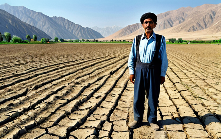 **

"A fully clothed Tajik farmer in appropriate attire, standing in a dry, cracked field, looking concerned. Background shows distant mountains and a struggling farm.  Emphasis on the impact of climate change and water scarcity on agriculture.  Safe for work, appropriate content, professional photography, perfect anatomy, natural proportions, high quality, family-friendly. The farmer's clothing is modest. The lighting is realistic, depicting a hot, sunny day."

**