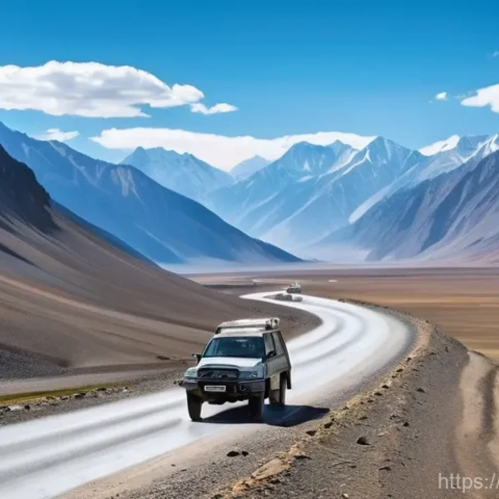 타지키스탄에서 렌터카 이용하기 - **Prompt:** A rugged 4WD SUV, like a Toyota Land Cruiser, navigates a winding, unpaved section of th...