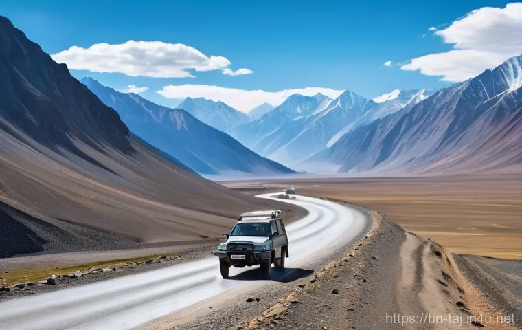 타지키스탄에서 렌터카 이용하기 - **Prompt:** A rugged 4WD SUV, like a Toyota Land Cruiser, navigates a winding, unpaved section of th...