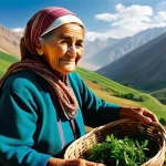 타지키스탄의 전통 약초 요법 - **Prompt 1: Serene Herbal Collection in Tajik Mountains**
    "An elderly Tajik woman, with kind eye...