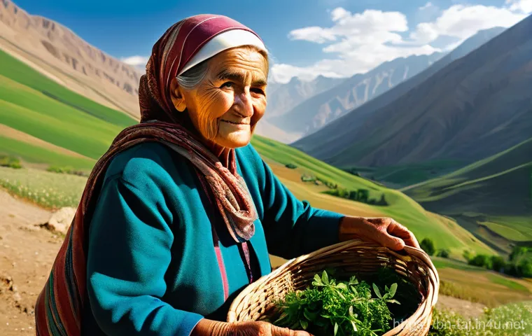 타지키스탄의 전통 약초 요법 - **Prompt 1: Serene Herbal Collection in Tajik Mountains**
    "An elderly Tajik woman, with kind eye...
