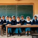 타지키스탄에서의 여성 권리 현황 - A detailed scene depicting a rural Tajik village school setting, showing young Tajik girls wearing m...