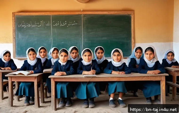 타지키스탄에서의 여성 권리 현황 - A detailed scene depicting a rural Tajik village school setting, showing young Tajik girls wearing m...