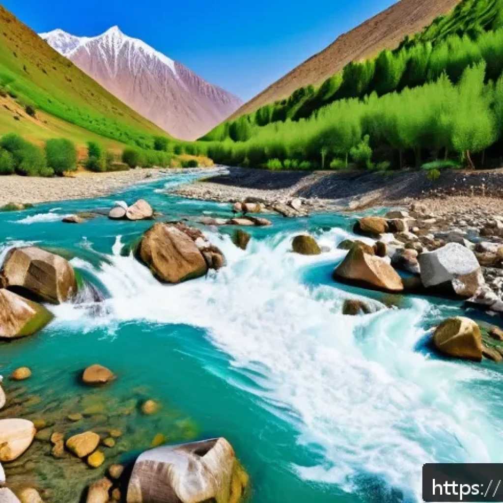 타지키스탄의 주요 강과 호수 - A serene mountain river in northern Tajikistan, flowing rapidly with crystal-clear water cascading o...