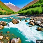 타지키스탄의 주요 강과 호수 - A serene mountain river in northern Tajikistan, flowing rapidly with crystal-clear water cascading o...
