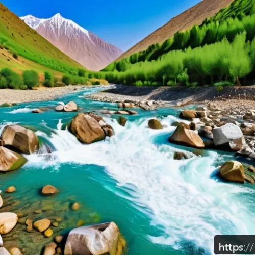타지키스탄의 주요 강과 호수 - A serene mountain river in northern Tajikistan, flowing rapidly with crystal-clear water cascading o...