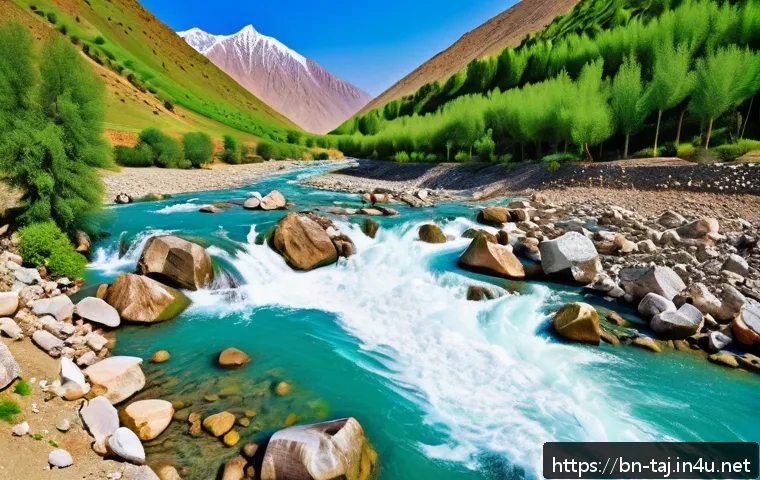 타지키스탄의 주요 강과 호수 - A serene mountain river in northern Tajikistan, flowing rapidly with crystal-clear water cascading o...