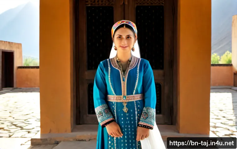 타지키스탄 전통 복장 - Photorealistic full-length portrait of a Tajik woman wearing elegant traditional Tajik clothing: a r...