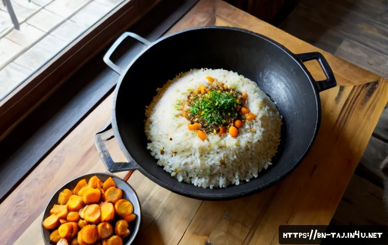 타지키스탄 플로브 요리법 - Photorealistic overhead food preparation scene for Tajik plov, a large black cast-iron kazan filled ...